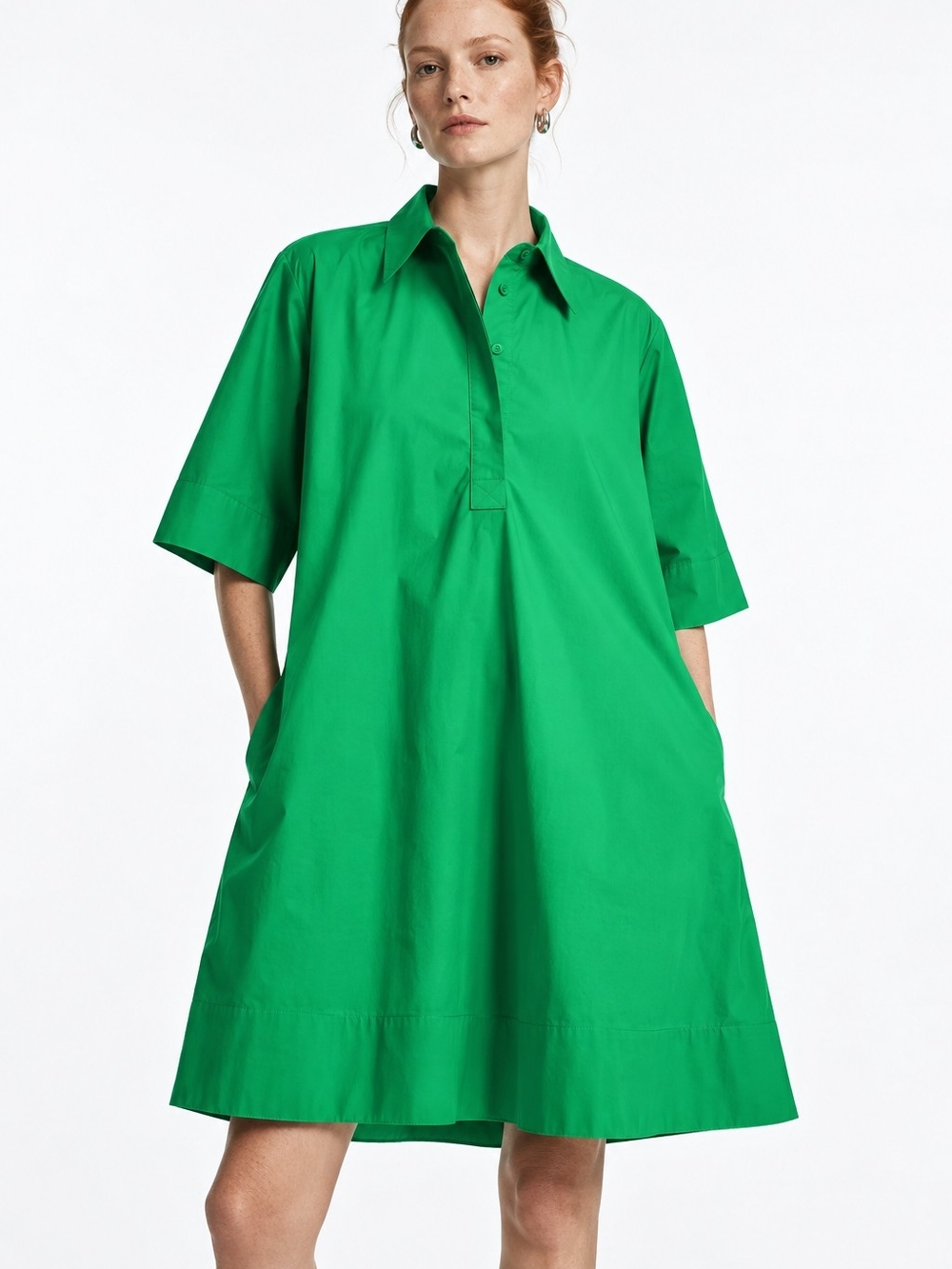 COS SHORT-SLEEVED A-LINE COTTON SHIRT DRESS GREEN US 4
